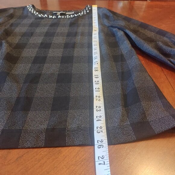 Karl Lagerfeld Paris Black & Grey Plaid top with Pearl Detailing - Picture 13 of 16